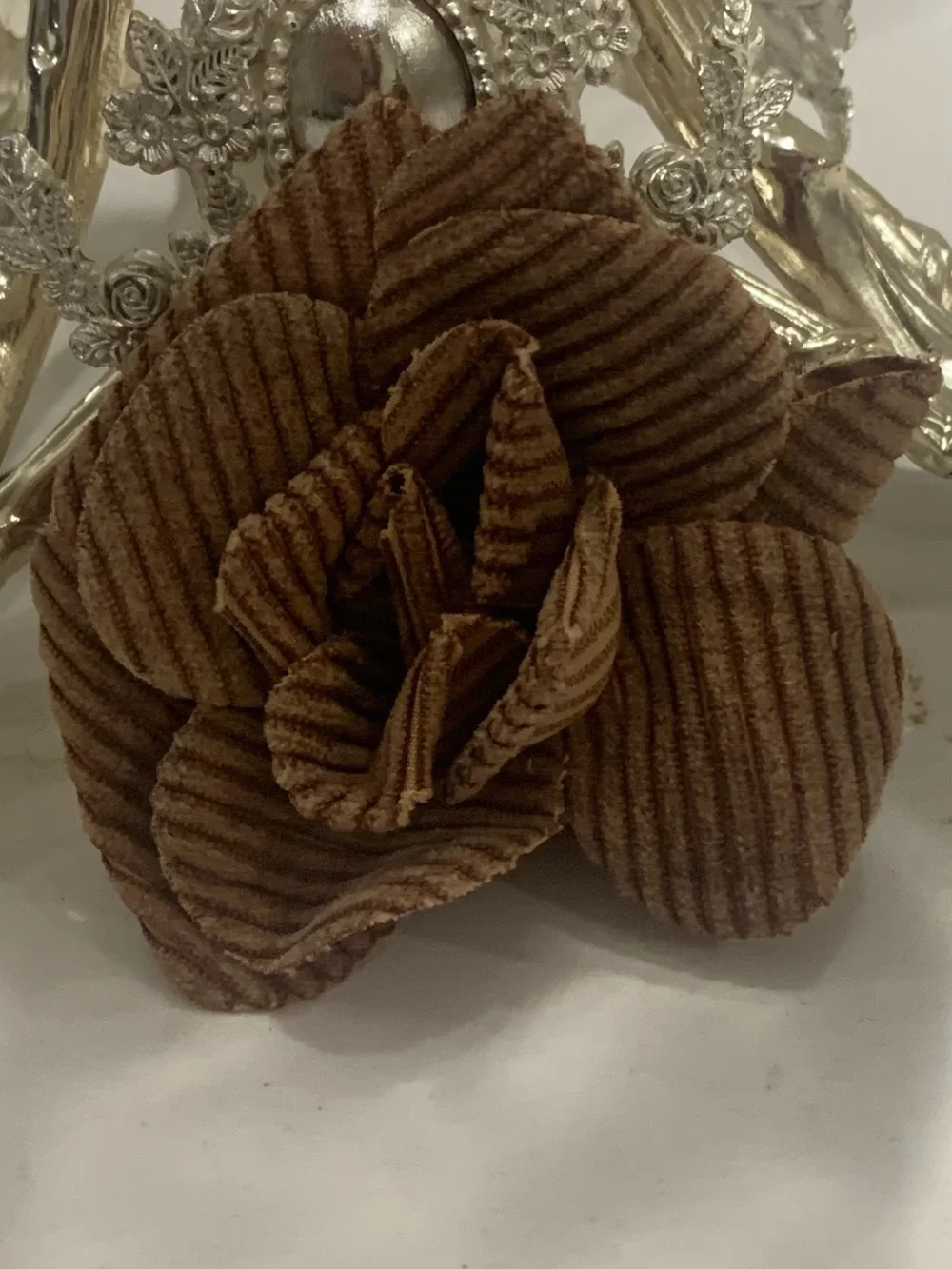 Rare CHANEL Brown Corduroy Camellia BROOCH